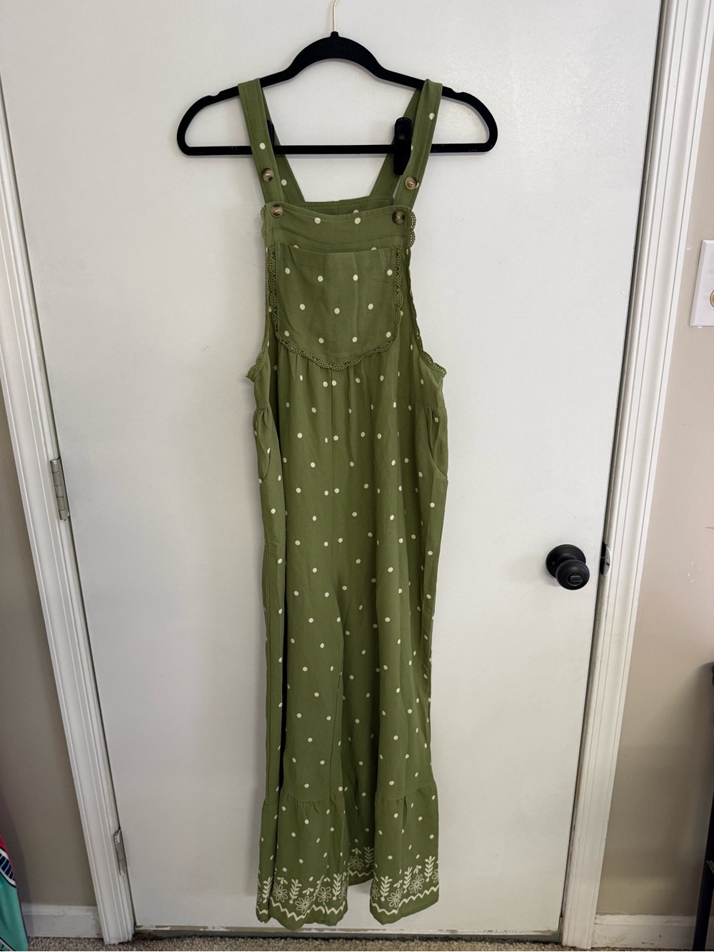 Olive Green Polka Dot Overall Romper with Embroidered Hem